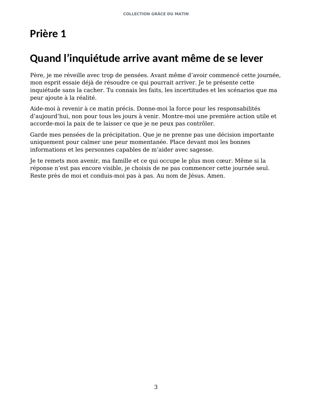 Page intérieure réelle du bonus avec une prière pour un matin difficile